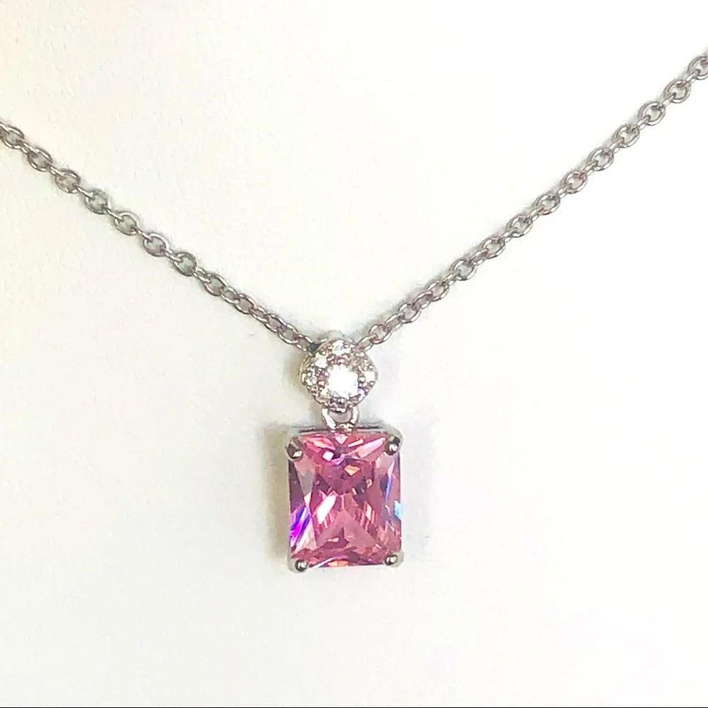 Pink Sapphire Silver CZ Pendant Necklace